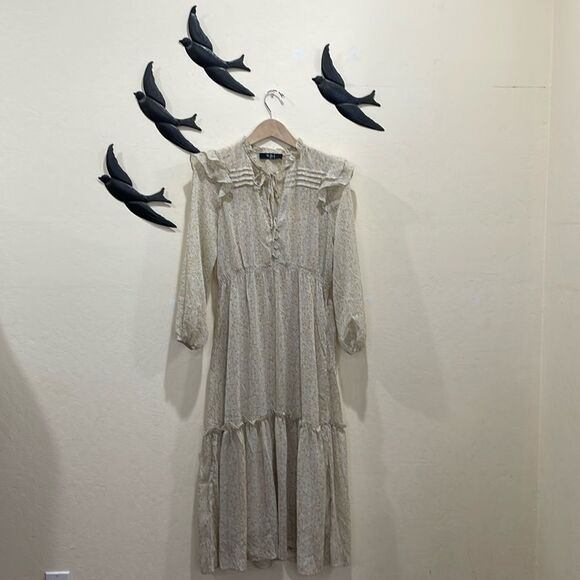 OPT Floral Tiered Ruffle Midi Dress Neutral Gold Prairie BOHO Floral, Size M - Picture 7 of 10